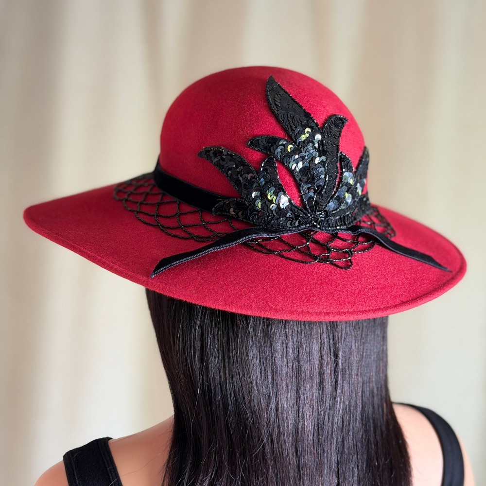 Vtg 90s Does 40s Joe Bill Miller Red Wool Felt Wide Brim Hat Black Sequin Floral